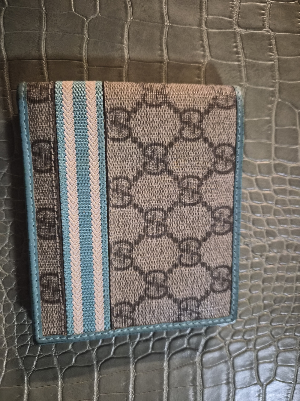 Gucci GG Canvas Bifold Wallet with Blue and Beige Stripes